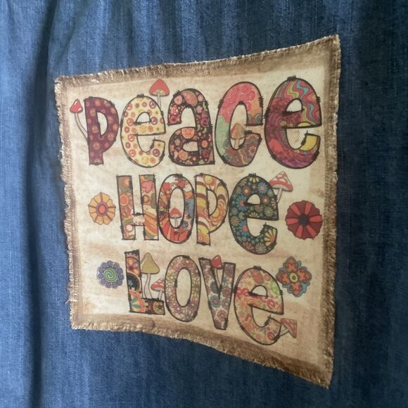 Women’s Denim Wrangler Pearl Snap Front Peace Hope Love Long Sleeve Shirt XL - Picture 2 of 15